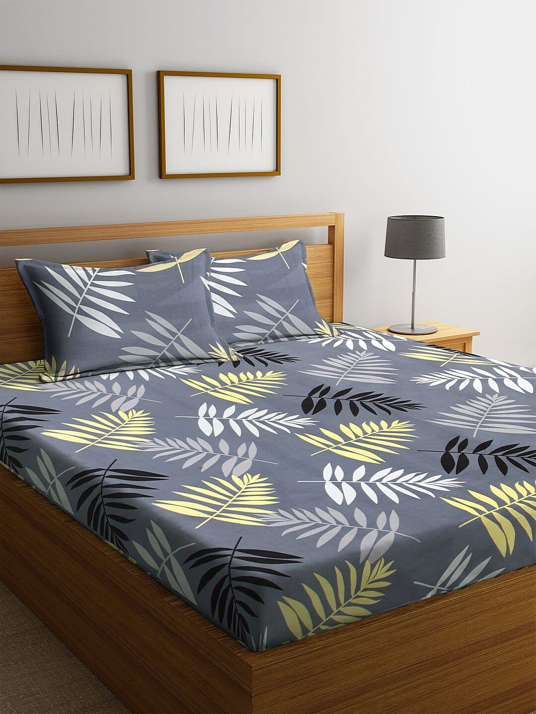 KLOTTHE Grey Leaf Cotton 300 TC King Fine Bedsheet with 2 Pillow Covers-98 x 85 inches - view 1