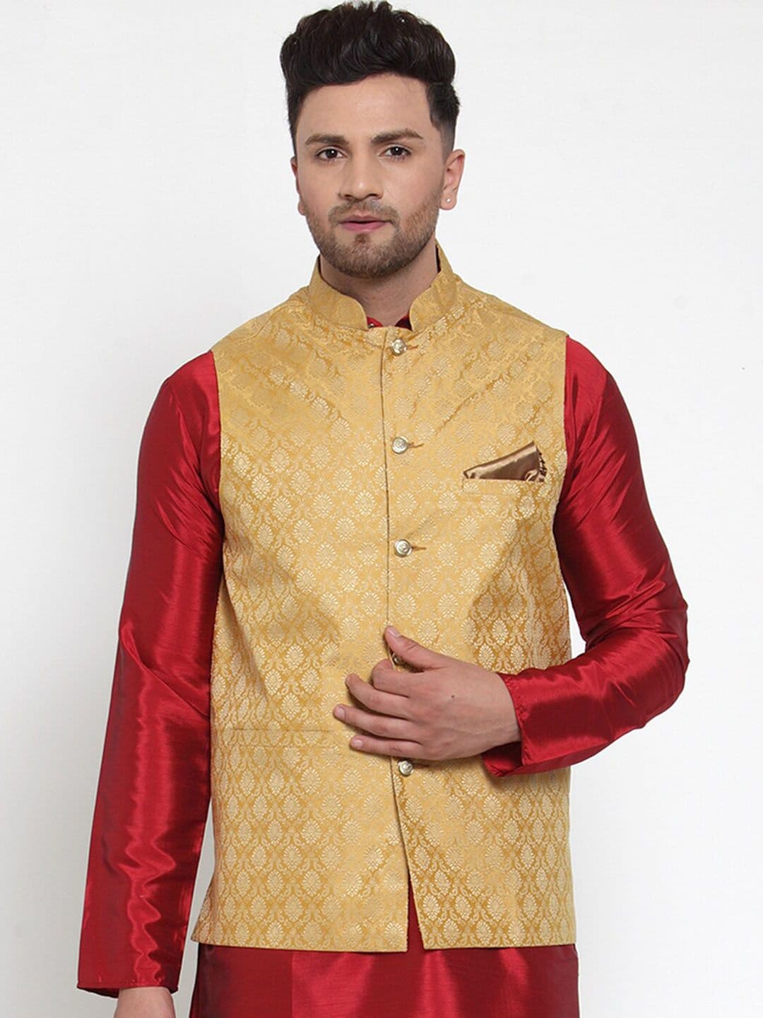 Jompers Men Gold-Coloured & Beige Woven Design Nehru Jacket - view 1