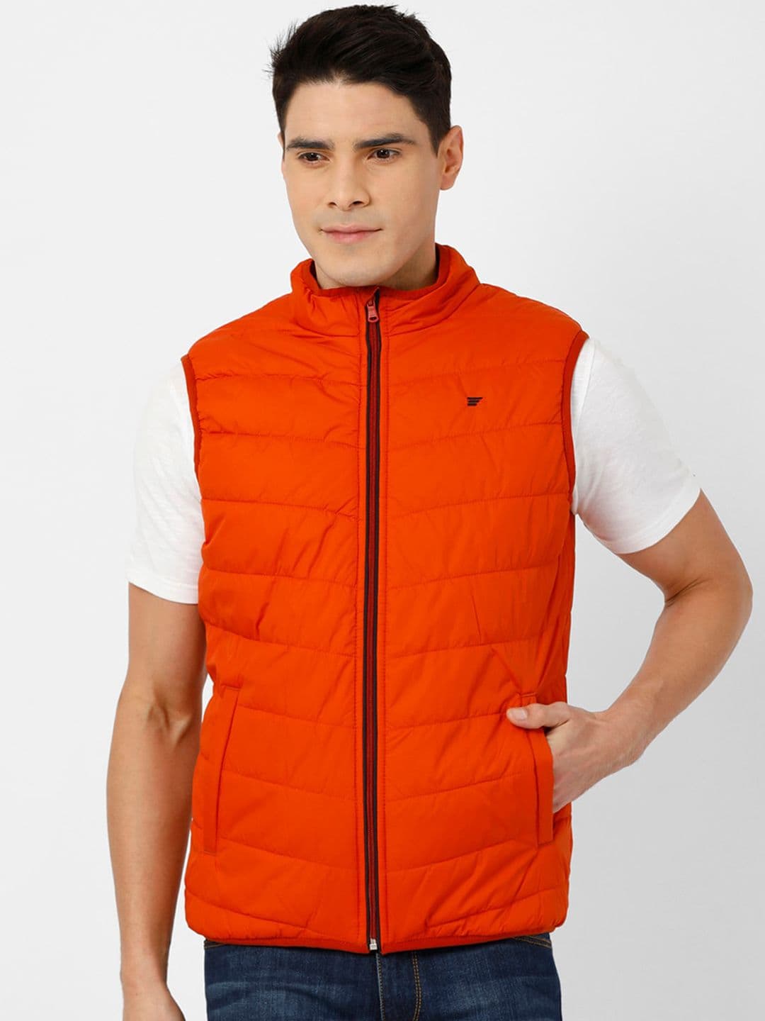 t-base Men Rust Orange Solid Lightweight Puffer Jacket - view 1