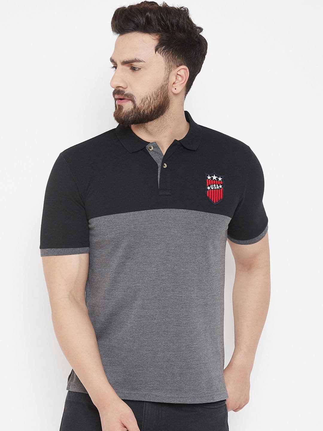 Austin wood Men Charcoal Grey & Navy Blue Colourblocked Polo Collar T-shirt - view 1