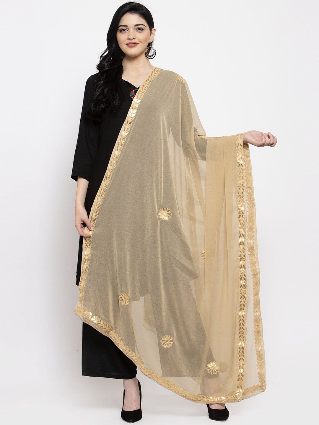 Clora Creation Beige & Gold-Coloured Gotta Patti Dupatta - view 1