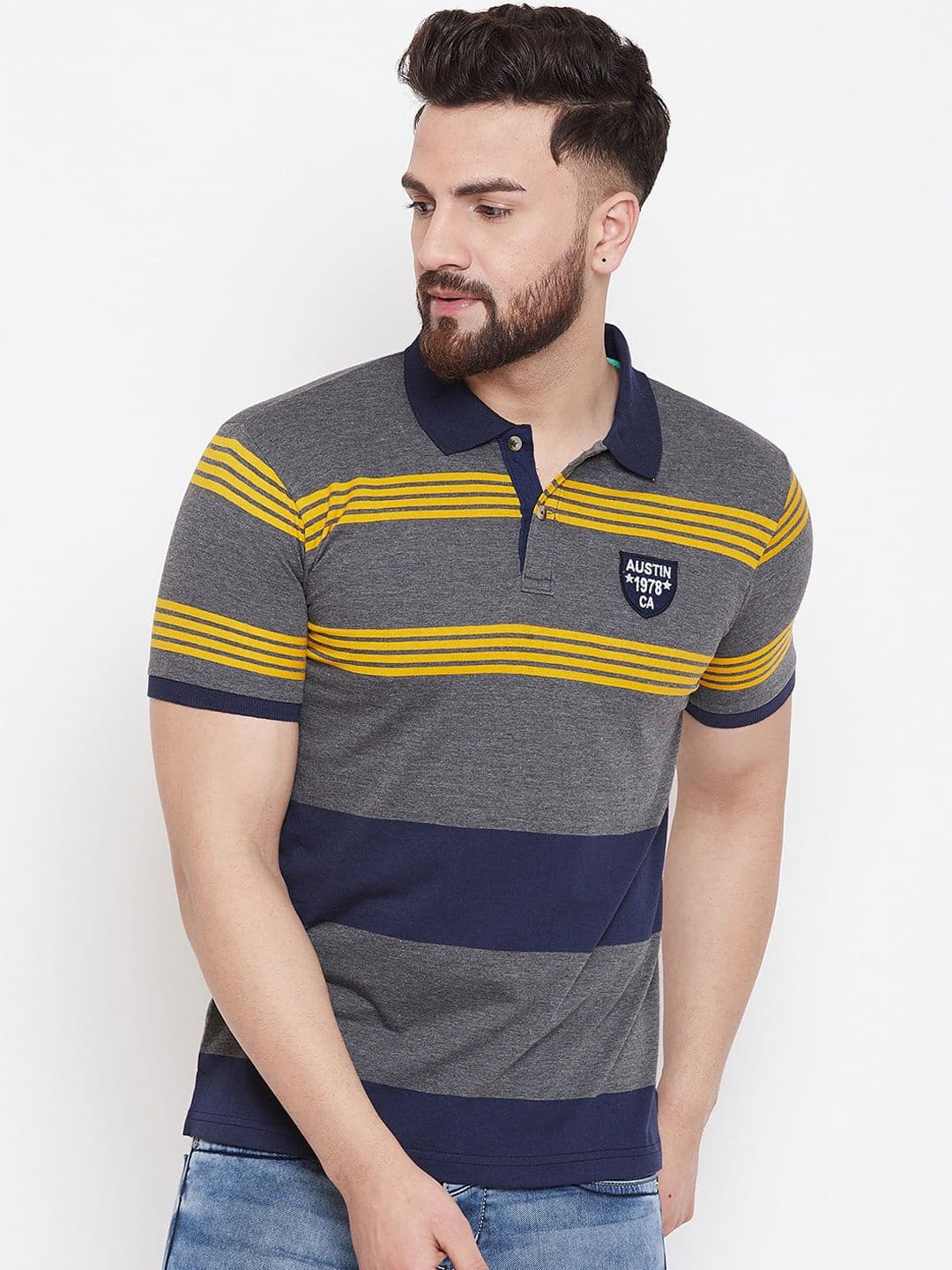 Austin wood Men Grey Striped Polo Collar T-shirt - view 1
