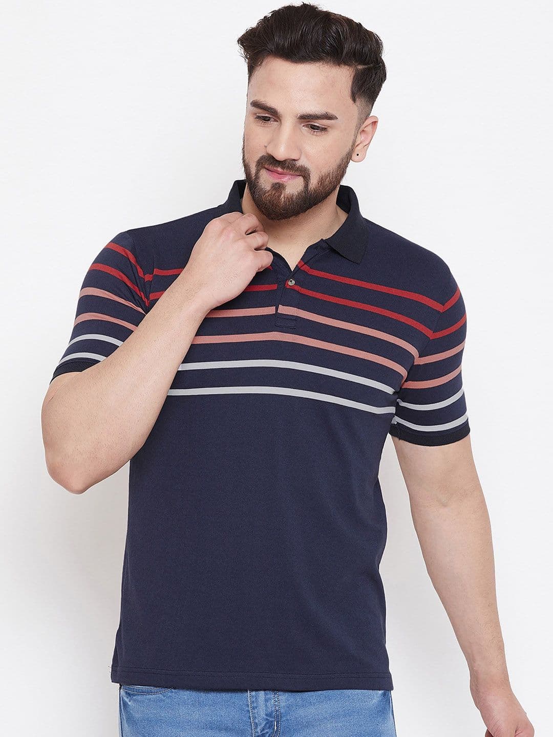 Austin wood Men Navy Blue Striped Polo Collar T-shirt - view 1