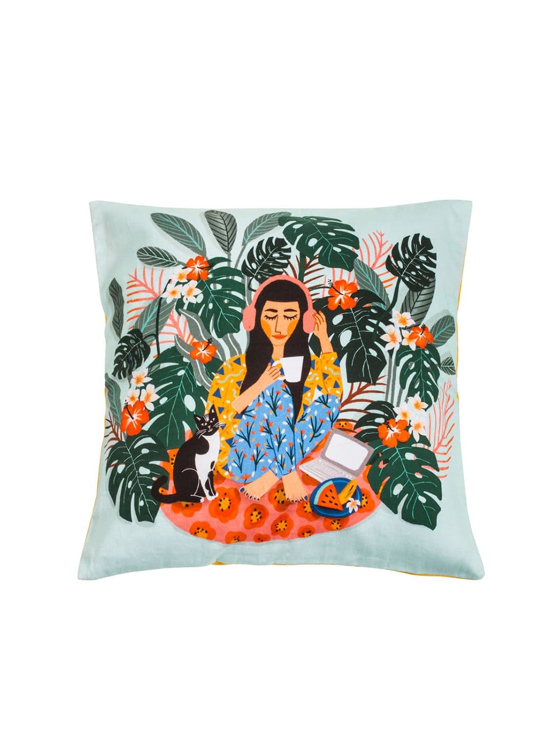 Chumbak Live Show Teal Abstract Cotton Washable Square Cushion Cover - 16 x 16 Inches - view 1