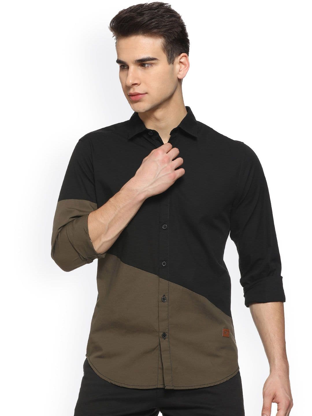CAHOOT Men Black & Olive Green Regular Fit Colourblocked Casual Shirt - view 1