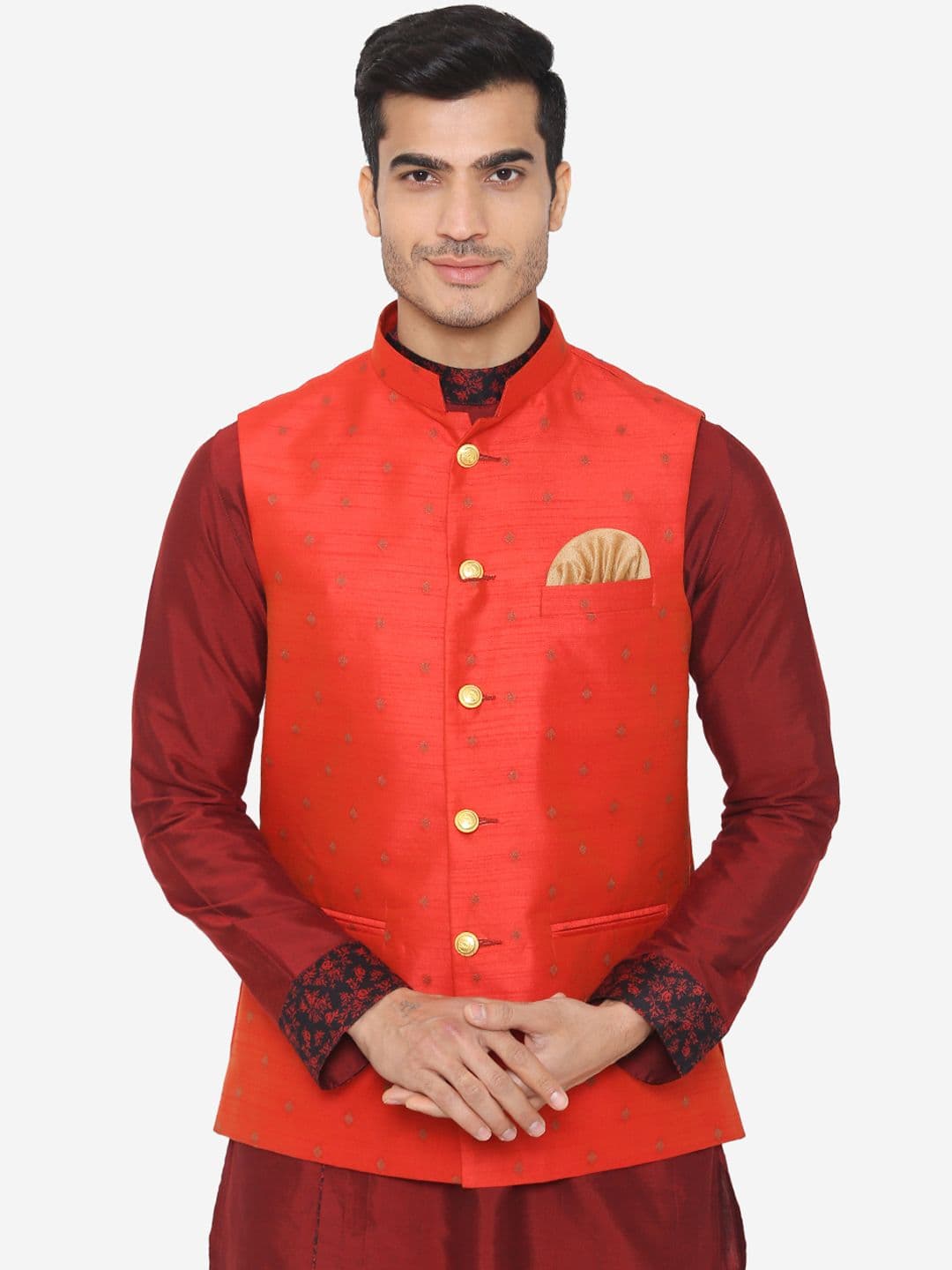Wintage Men Orange Woven Design Satin Nehru Jacket - view 1