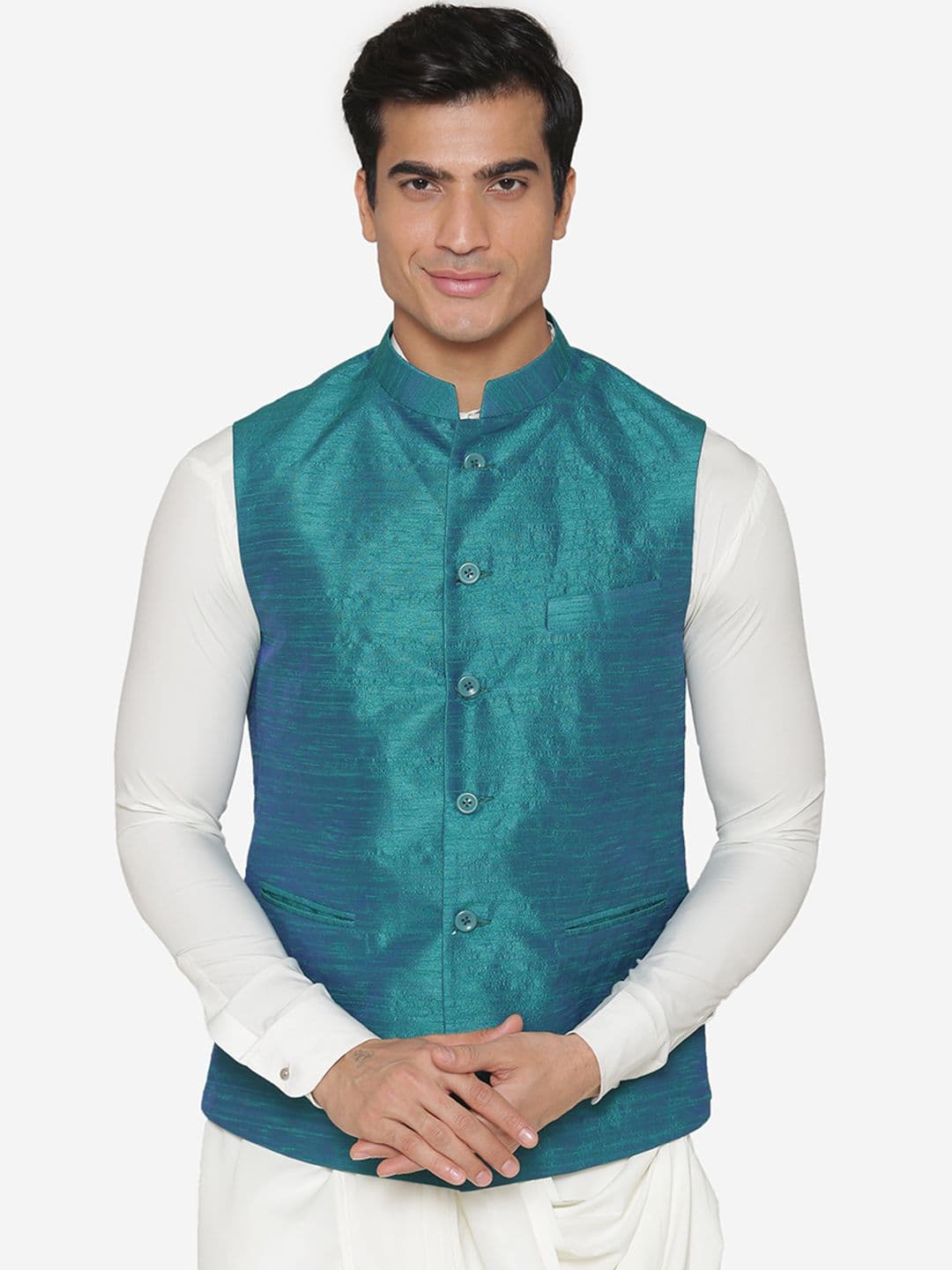 MANQ Men Teal Green Solid Nehru Jacket - view 1