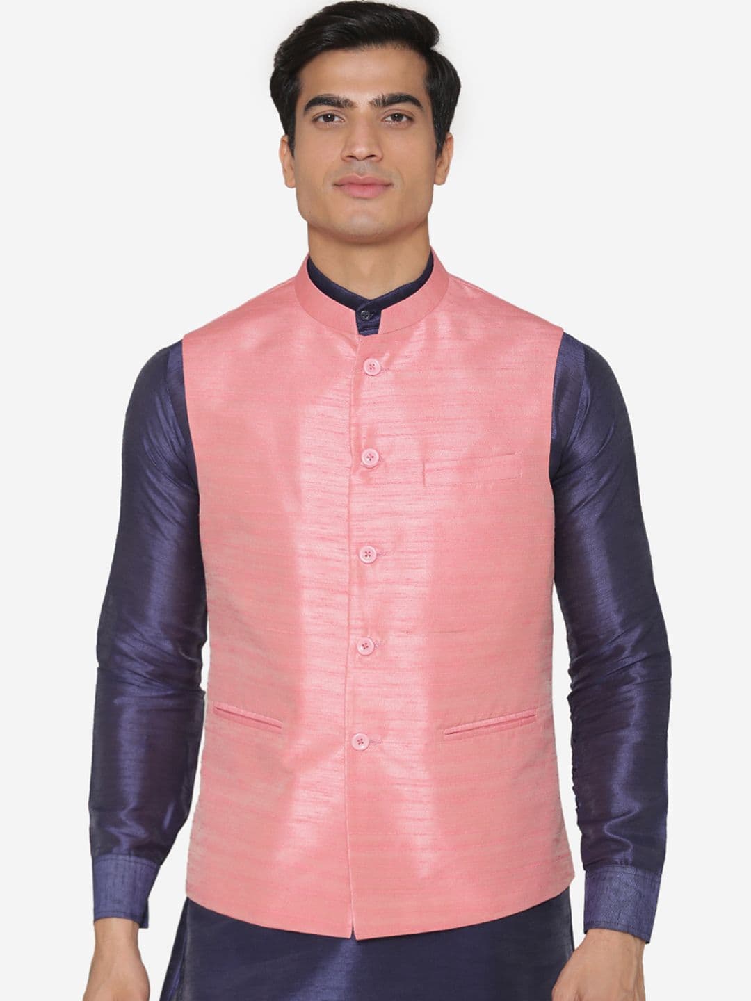 MANQ Men Pink Solid Nehru Jacket - view 1