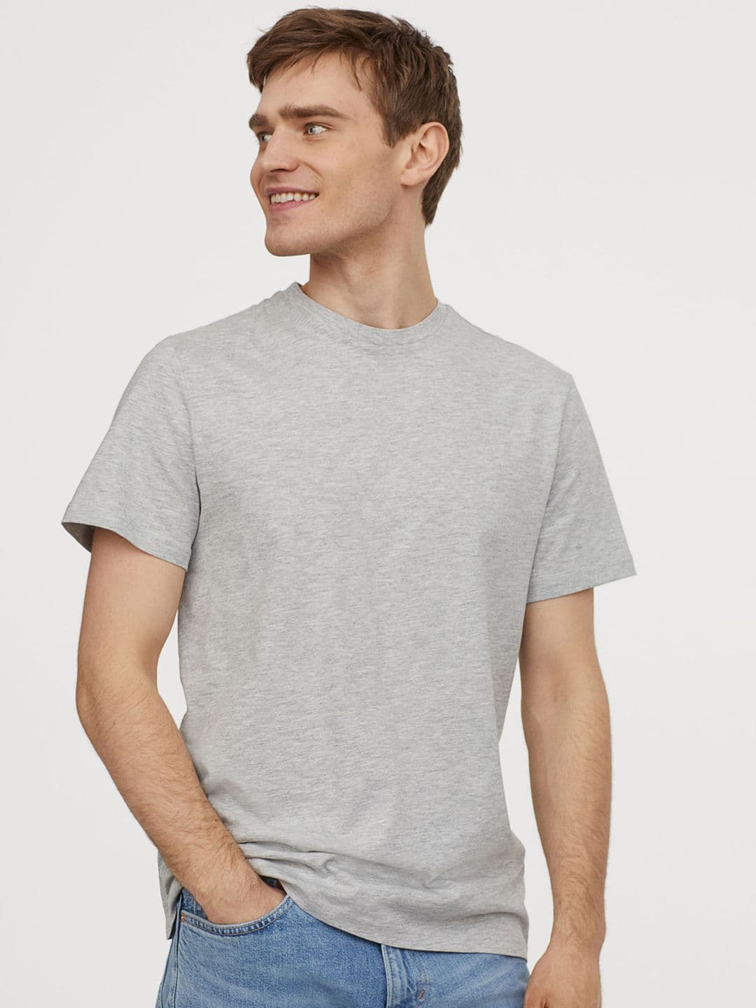H&M Men Grey Solid Round-neck T-shirt Regular Fit - view 1
