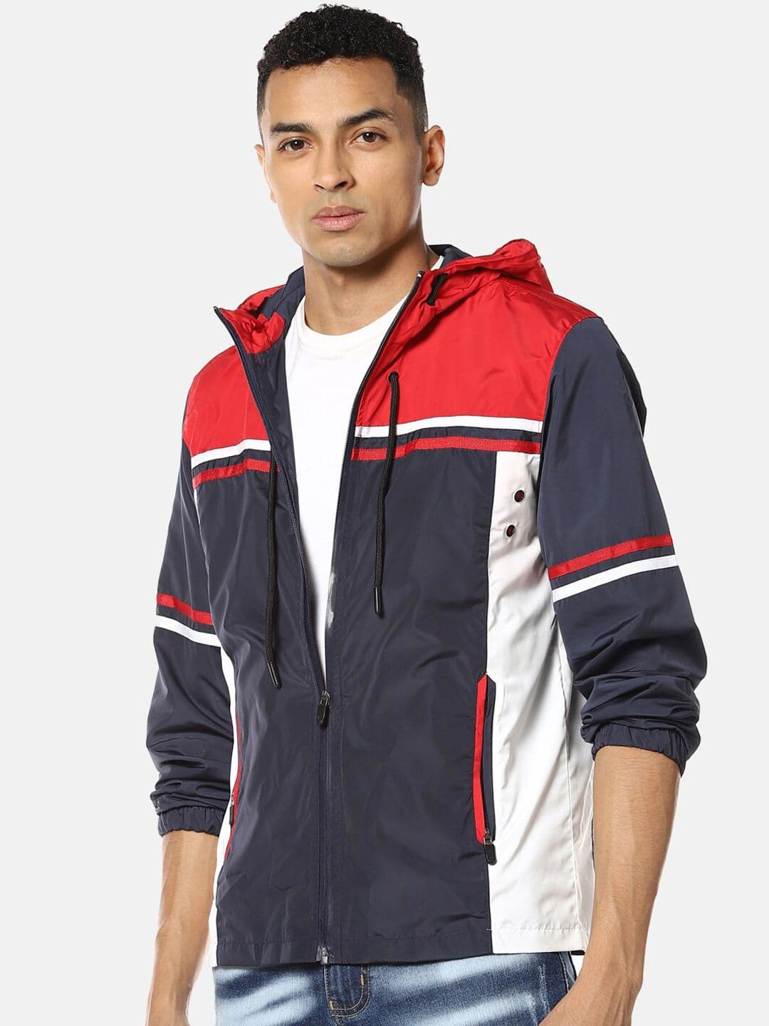 CAHOOT Men Navy Blue Colourblocked Windcheater Hooded Sporty Jacket - view 1