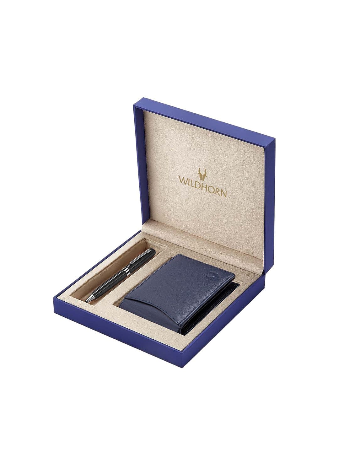 WildHorn Men Navy Blue & Black RFID Protected Genuine Leather Wallet & Pen Accessory Gift Set - view 1