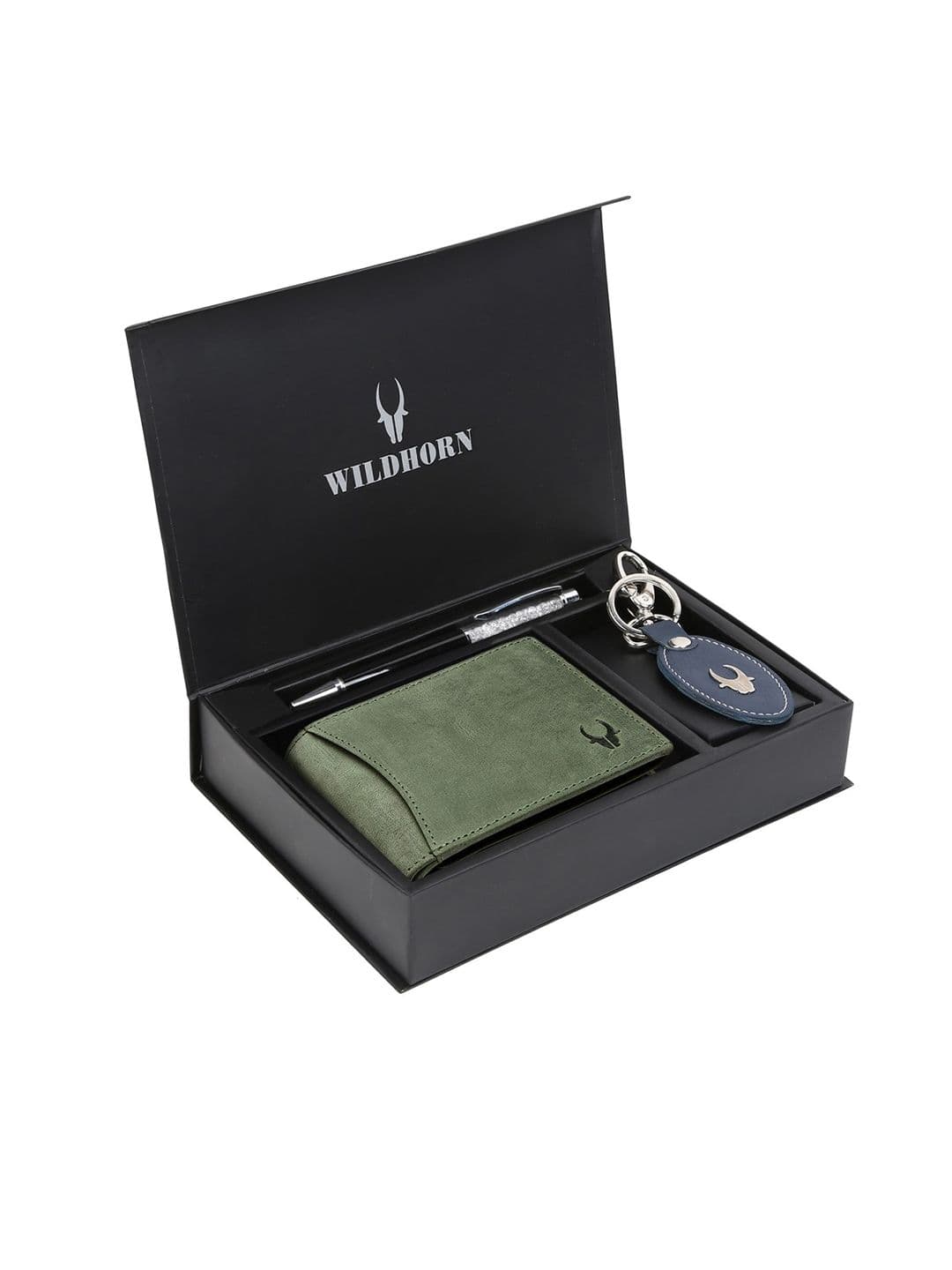 WildHorn Men Green & Blue RFID Protected Genuine Leather Wallet & Pen Accessory Gift Set - view 1
