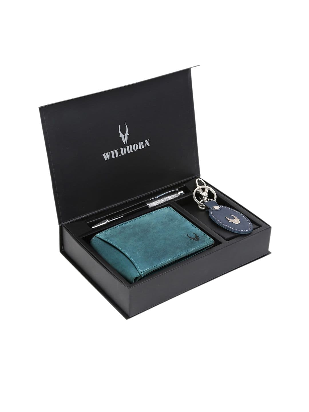 WildHorn Men Teal Blue & Black RFID Protected Genuine Leather Wallet & Pen Accessory Gift Set - view 1