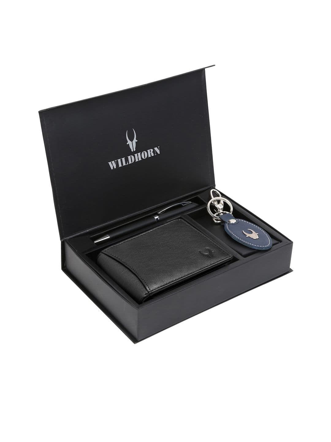 WildHorn Men Black & Blue RFID Protected Genuine Leather Wallet & Pen Accessory Gift Set - view 1