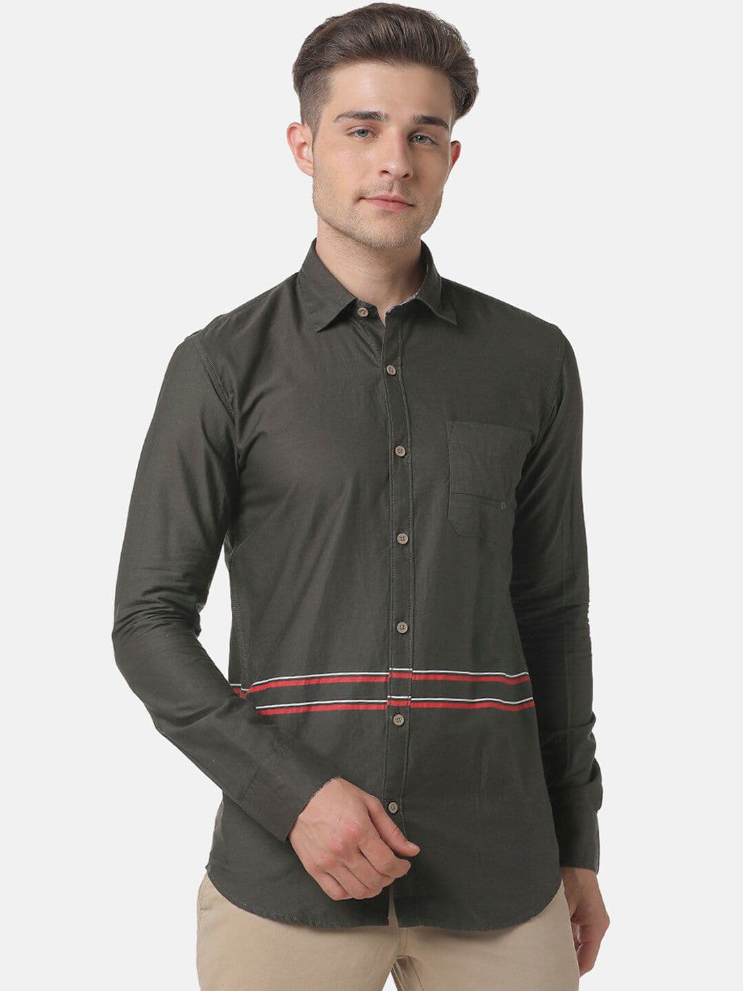 CAHOOT Men Olive Green Regular Fit Striped Casual Shirt - view 1
