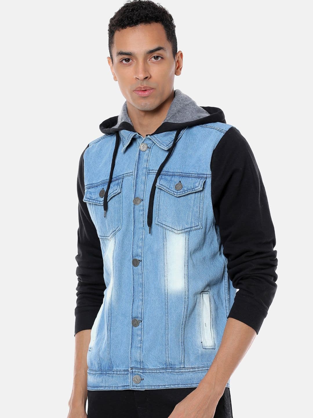 CAHOOT Men Blue & Black Colourblocked Windcheater Denim Jacket - view 1