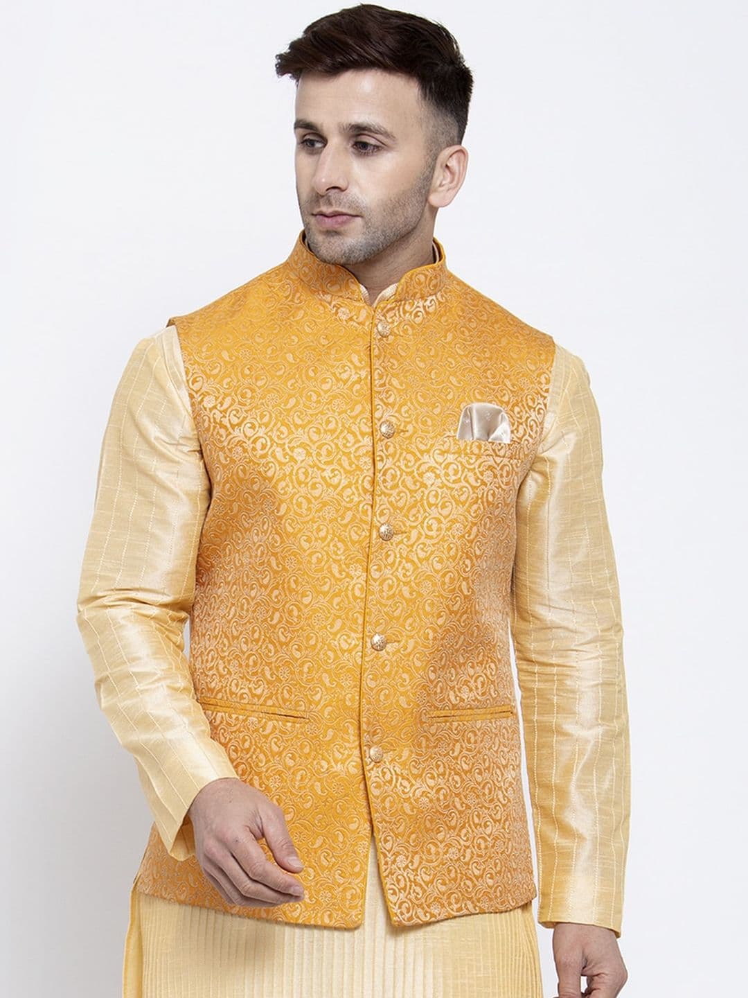 Badoliya & Sons Men Mustard Yellow Woven Design Nehru Jacket - view 1