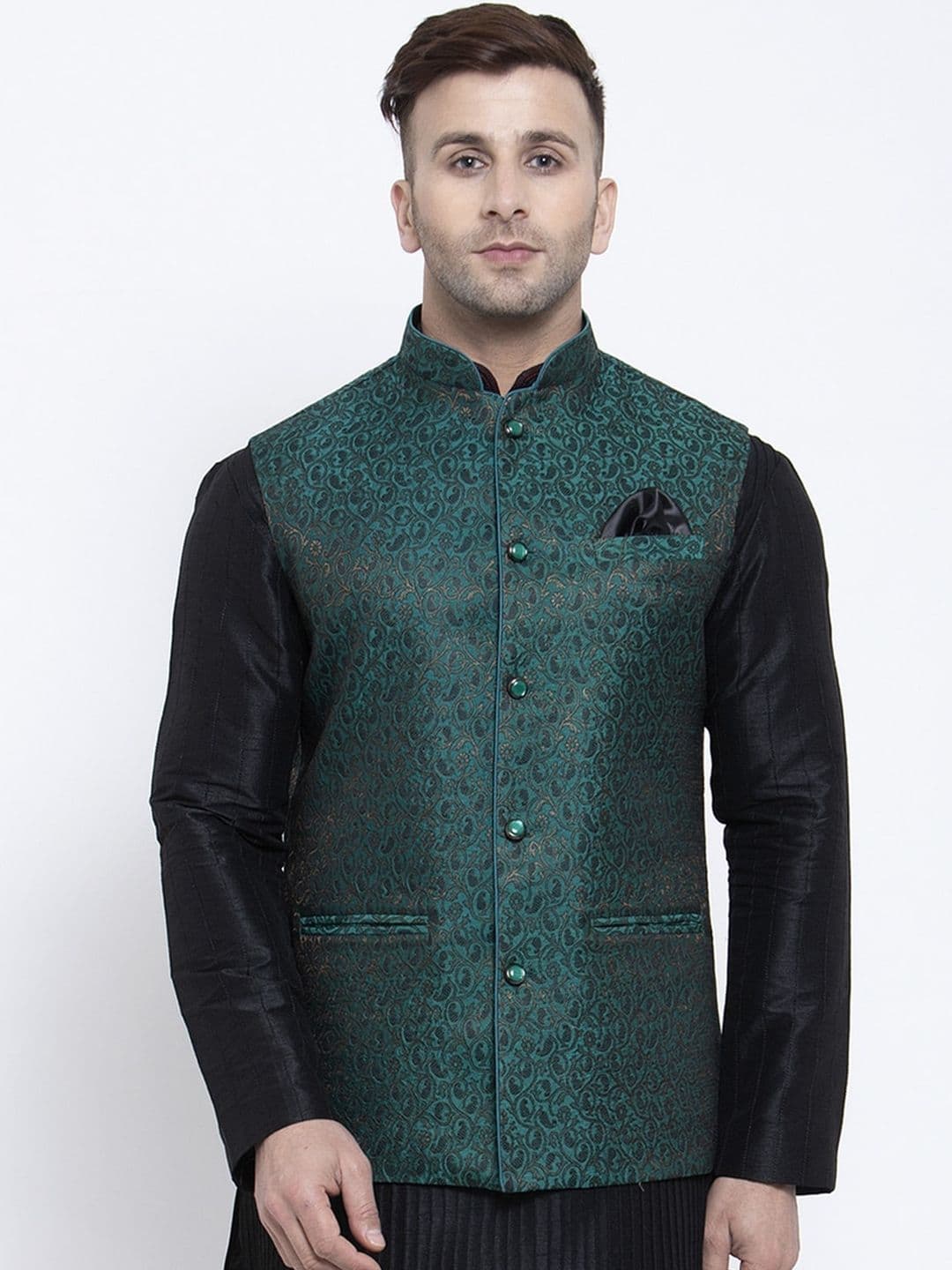 Badoliya & Sons Men Green & Black Woven Design Nehru Jacket - view 1