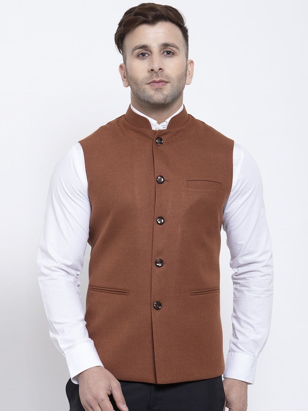 Badoliya & Sons Men Brown Solid Nehru Jacket - view 1