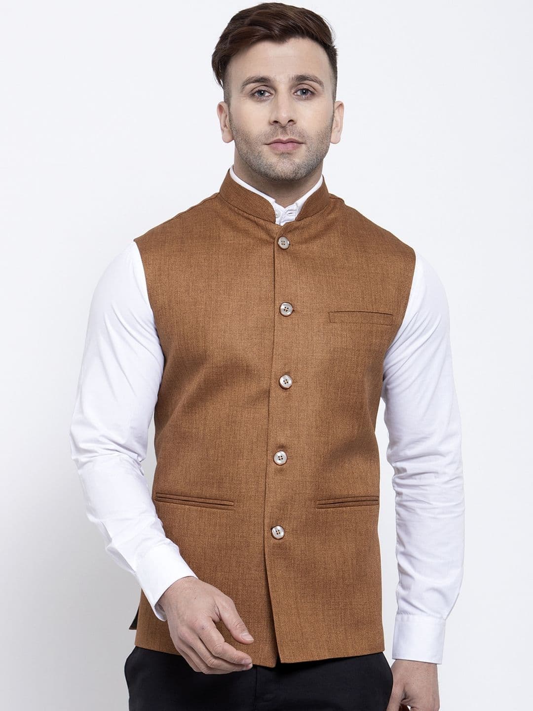 Badoliya & Sons Men Brown Solid Jute Nehru Jacket - view 1