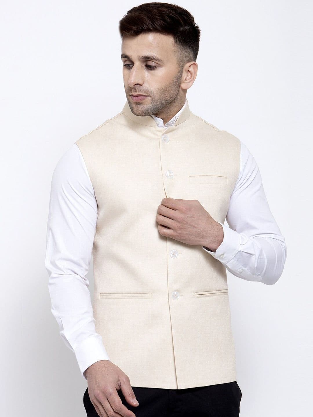 Badoliya & Sons Men Cream Coloured Woven Design Jute Nehru Jacket - view 1