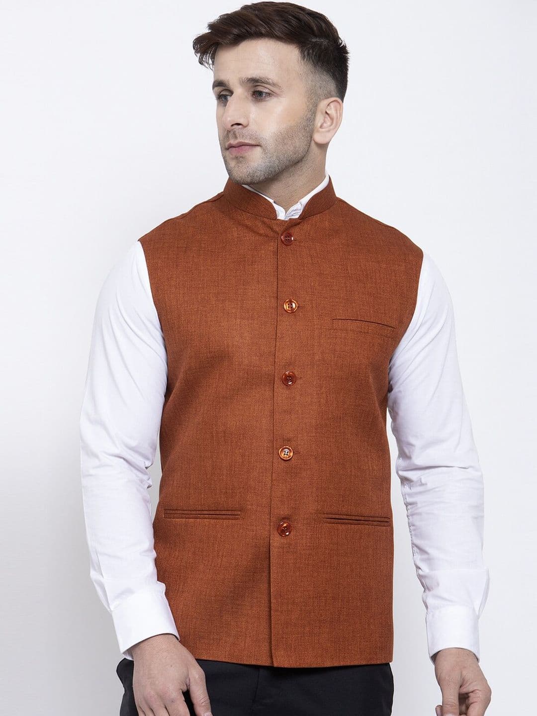 Badoliya & Sons Men Rust Brown Woven Jute Nehru Jacket - view 1