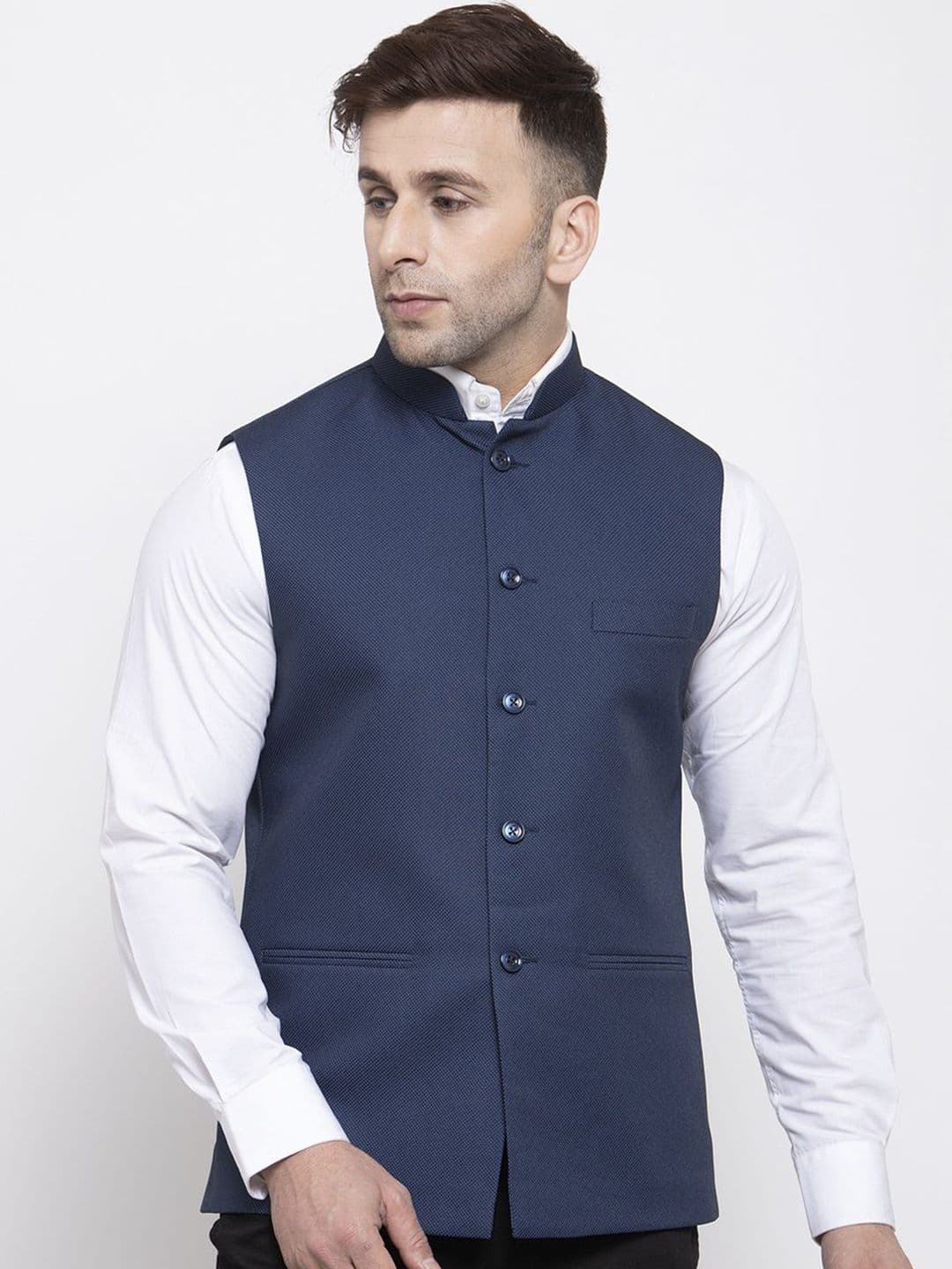 Wintage Men Blue Solid Woven Design Nehru Jacket - view 1