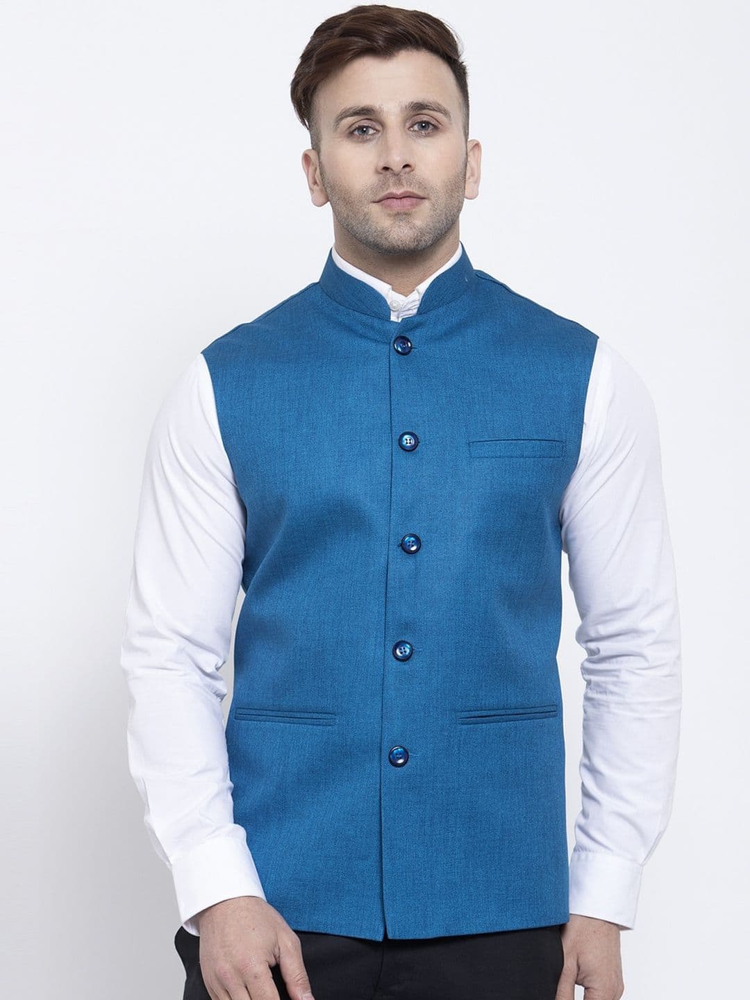 Badoliya & Sons Men Blue Solid Jute Nehru Jacket - view 1