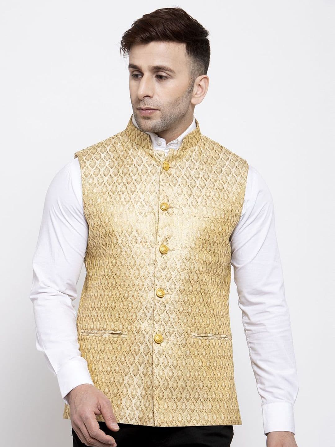 Wintage Men Gold-Coloured Woven Design Satin Nehru Jacket - view 1