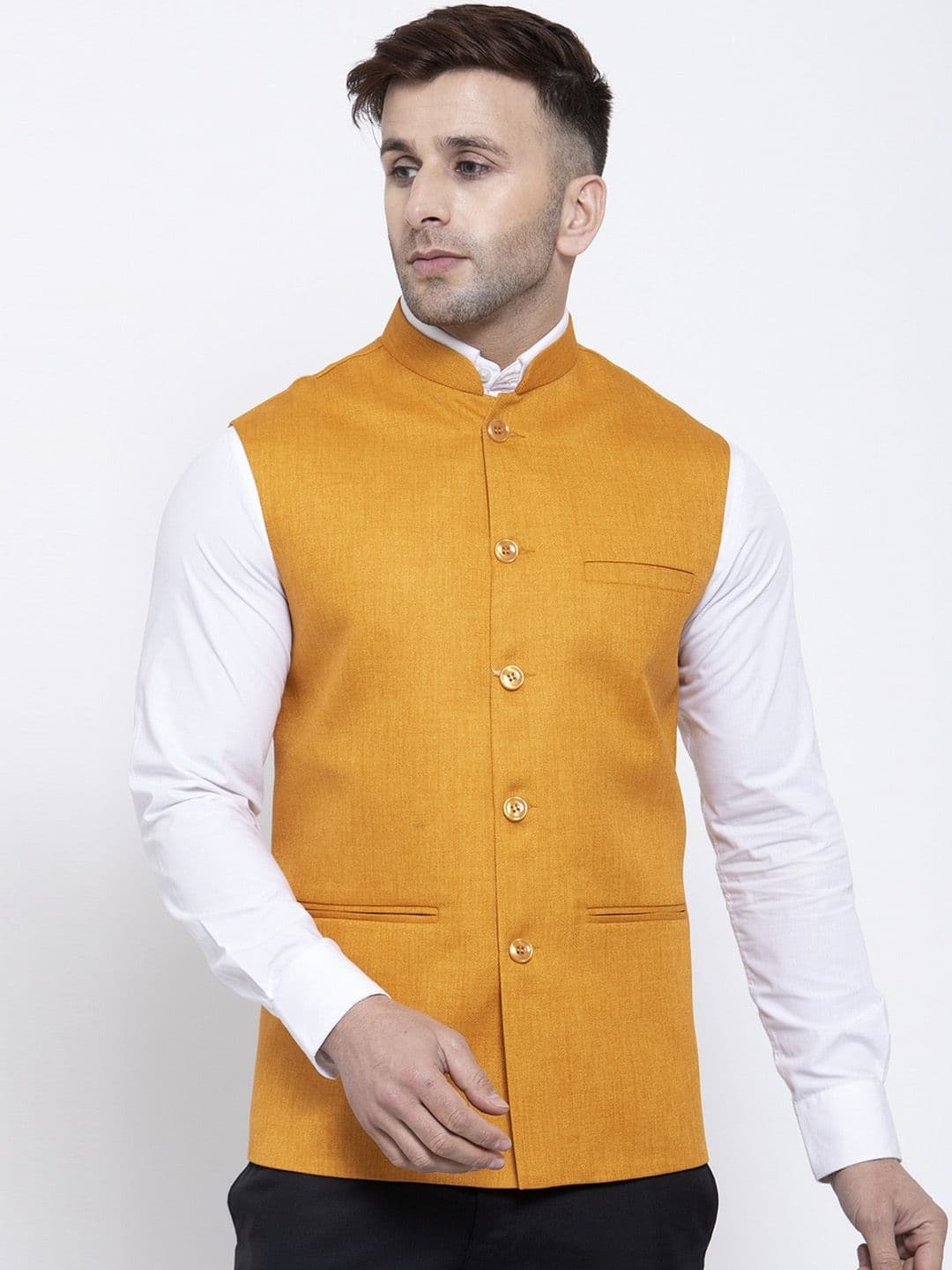 Badoliya & Sons Men Mustard-Yellow Jute Nehru Jacket - view 1