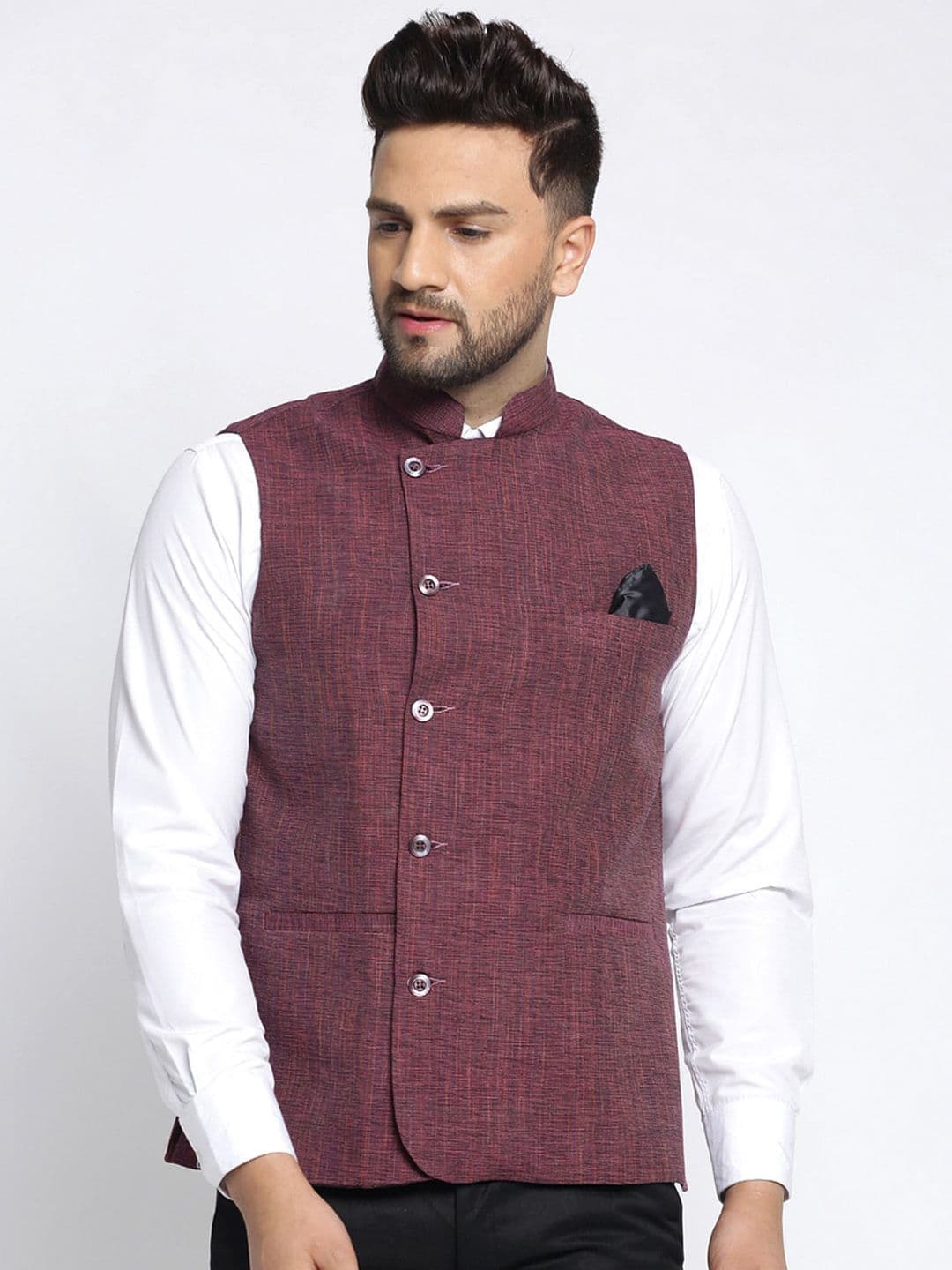 KLOTTHE Men Magenta Woven Design Nehru Jacket - view 1