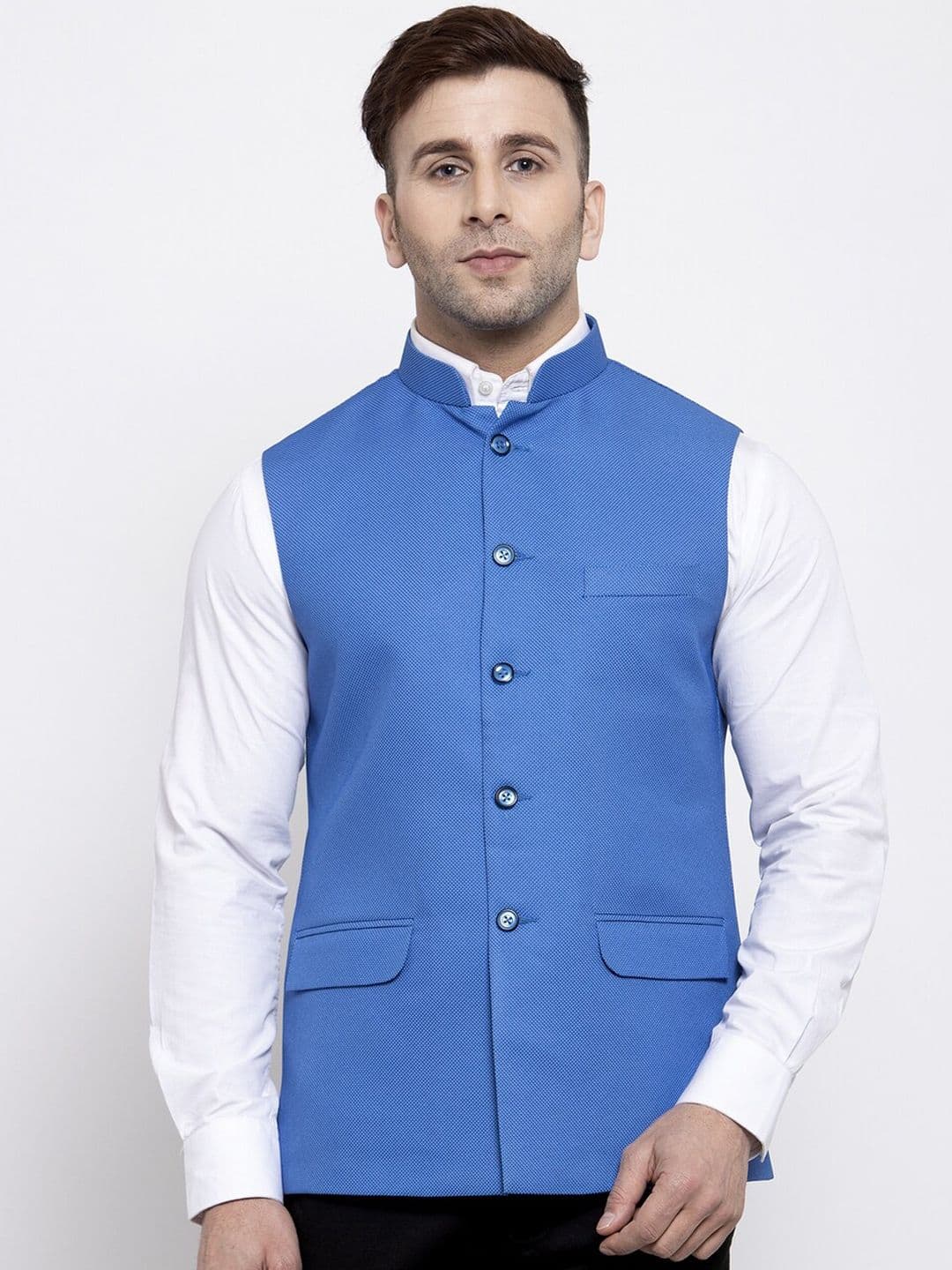 Wintage Men Blue Solid Satin Nehru Jacket - view 1