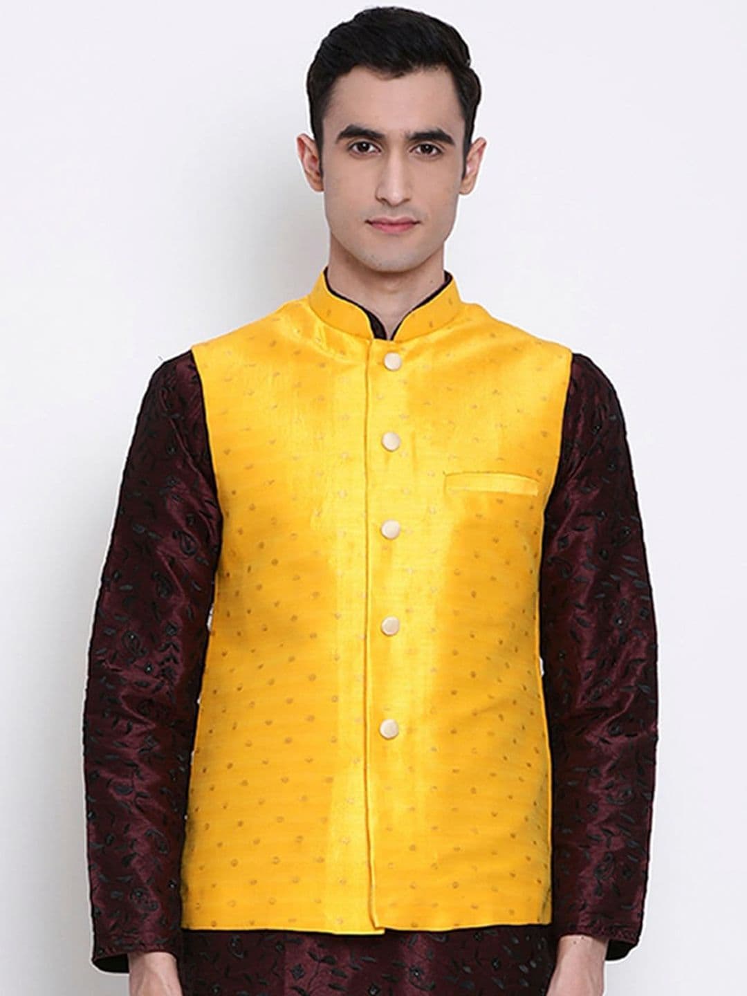 Sanwara Men Yellow & Gold-Coloured Woven Design Nehru Jacket - view 1
