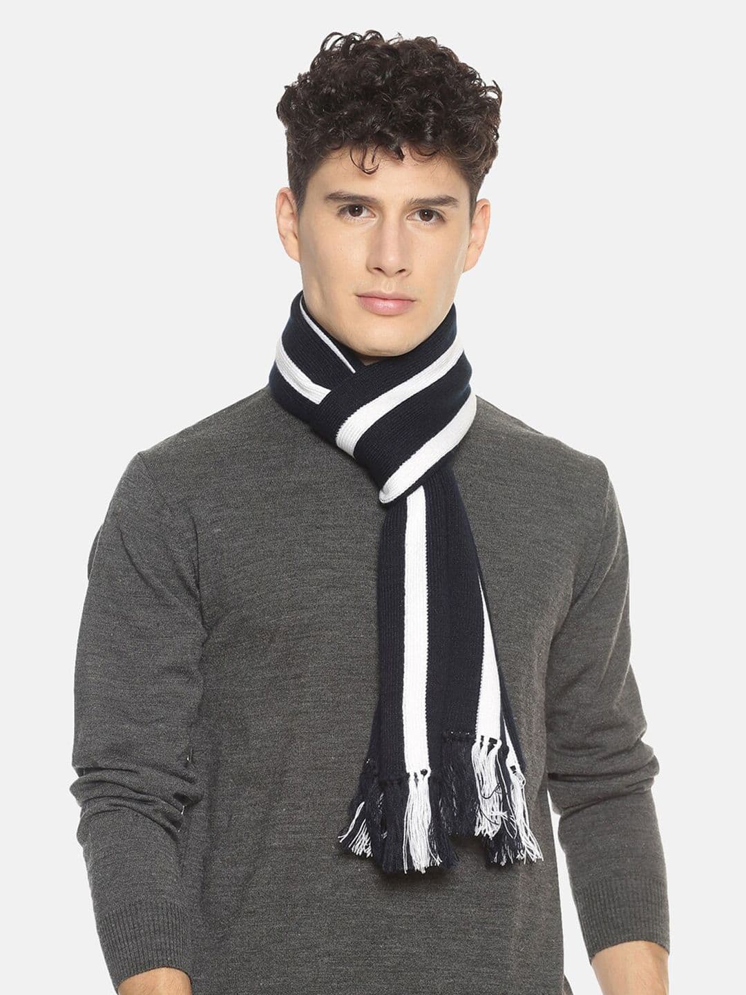 513 Men Navy Blue & White Striped Knitted Muffler - view 1