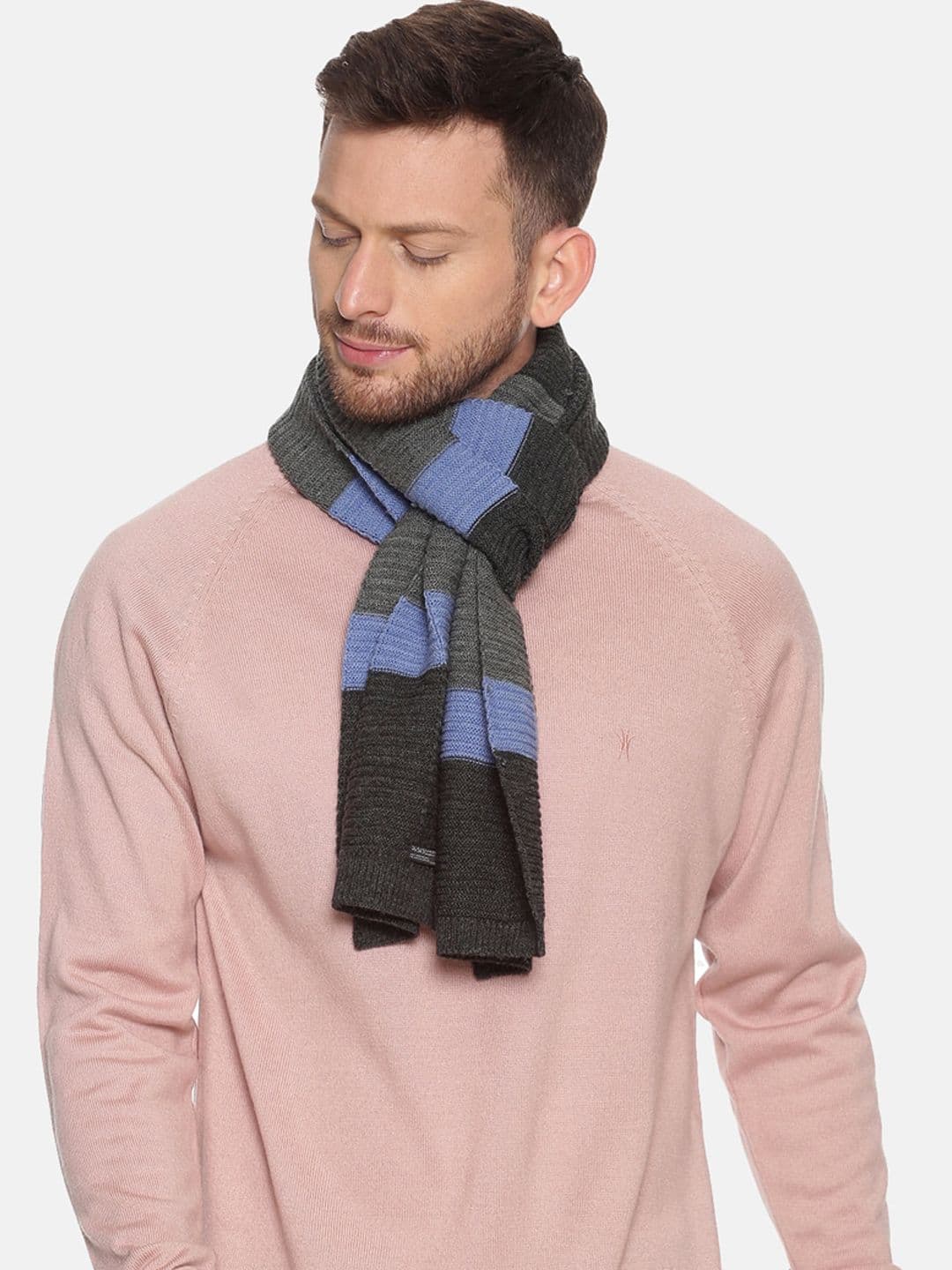 513 Men Charcoal Grey & Blue Woven Design Premium Quality Knitted Muffler - view 1