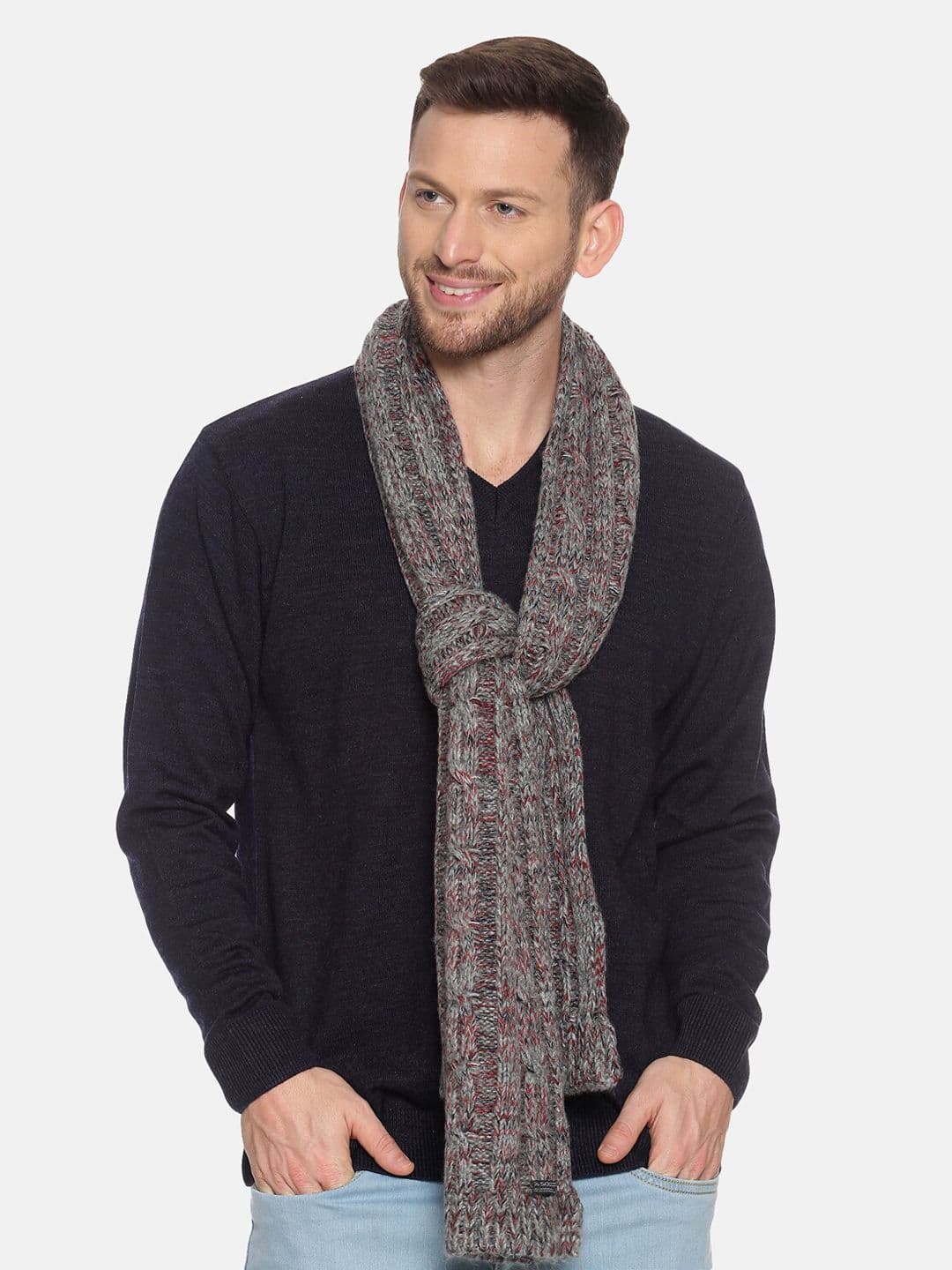 513 Men Grey & Red Self-Design Knitted Muffler - view 1
