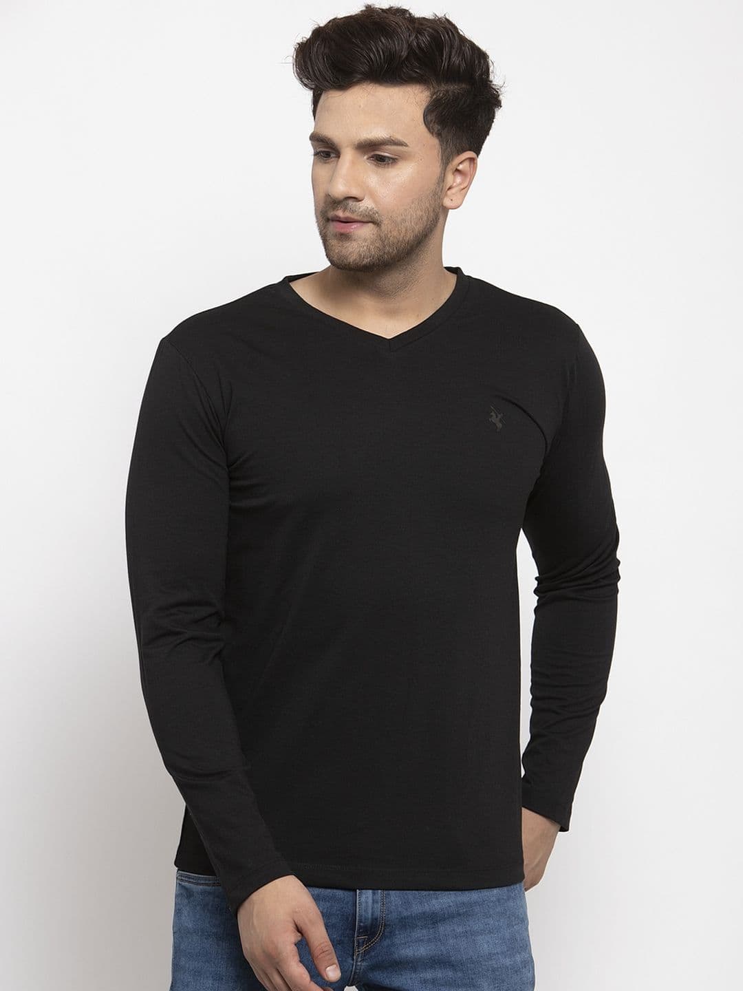 Cantabil Men Black Solid V-Neck T-shirt - view 1