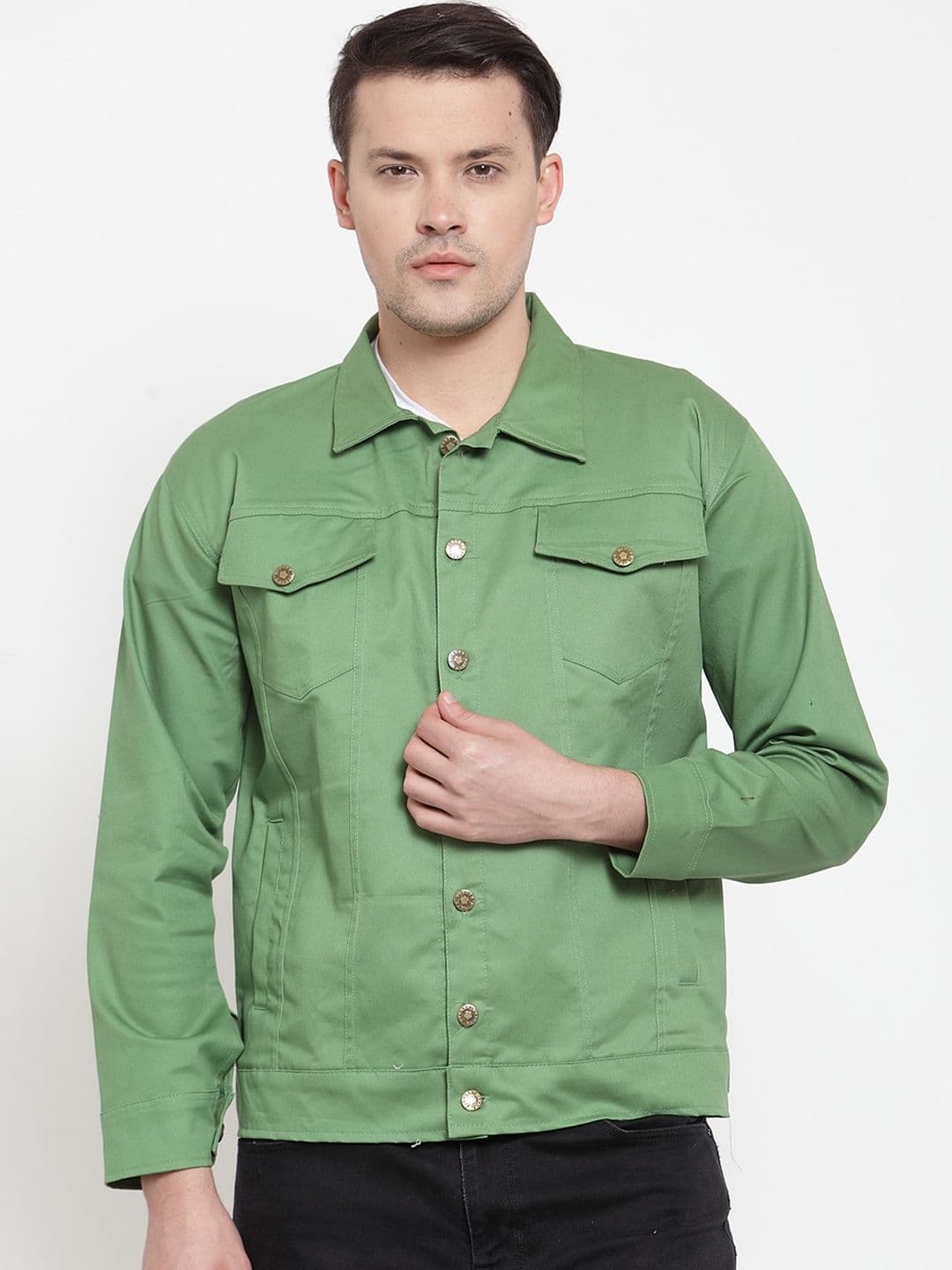 VOXATI Men Green Solid Denim Jacket - view 1