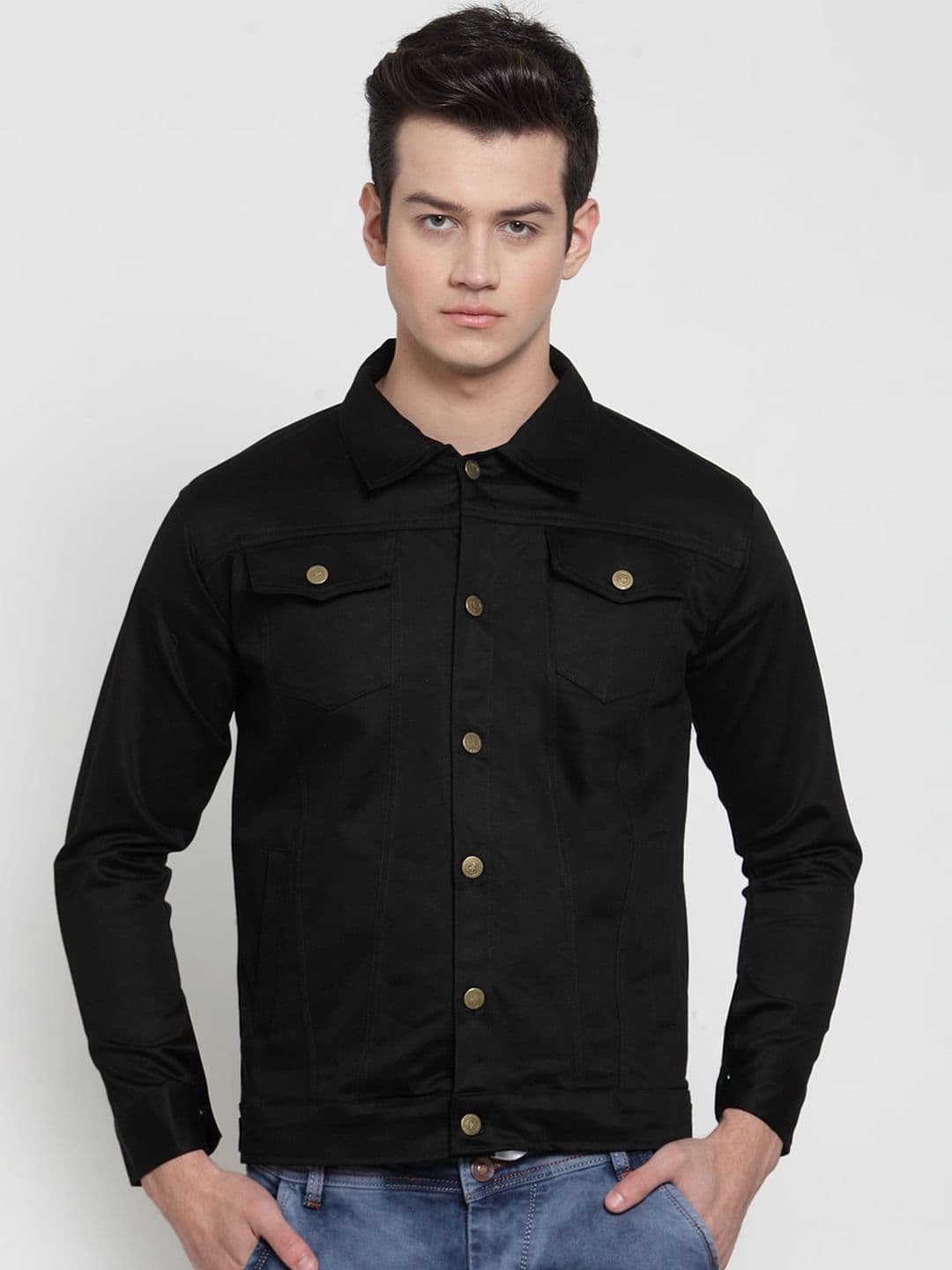 VOXATI Men Black Solid Denim Jacket - view 1