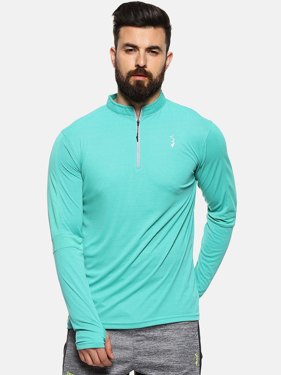 CAHOOT Men Sea Green Striped High Neck Anti-Microbial T-shirt - view 1