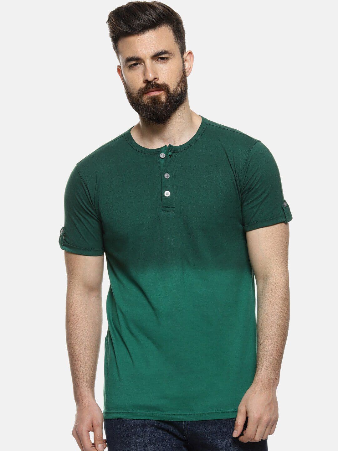 CAHOOT Men Green Ombre Colourblocked Henley Neck T-shirt - view 1
