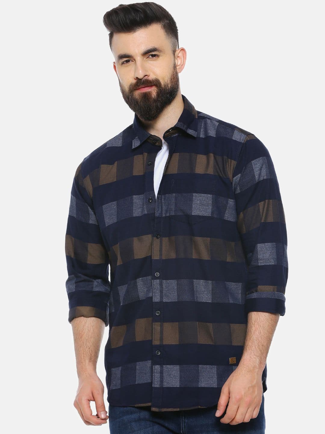 CAHOOT Men Navy Blue & Brown Regular Fit Checked Casual Shirt - view 1