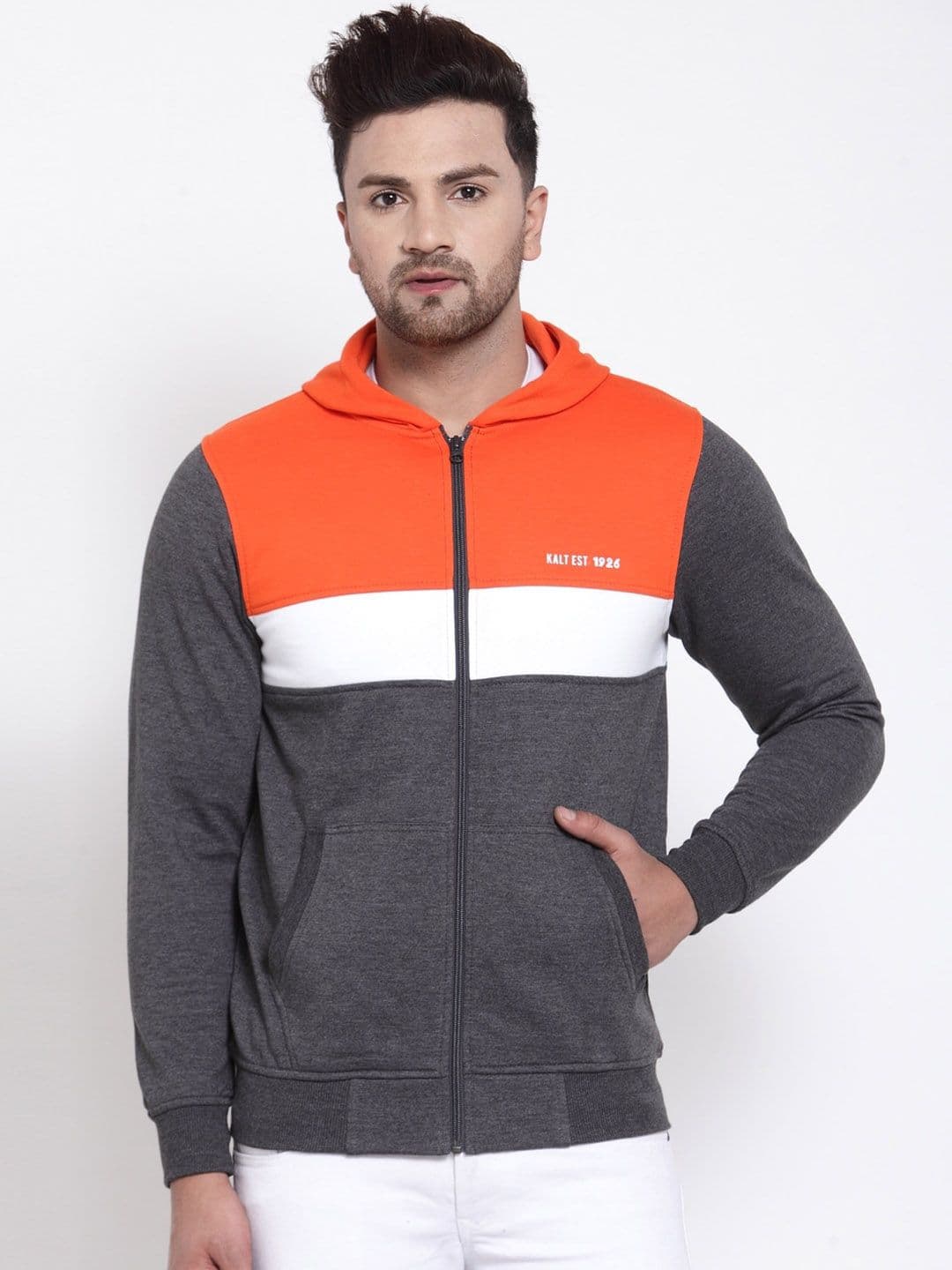 Kalt Men Grey &Orange Colourblocked Sporty Jacket - view 1