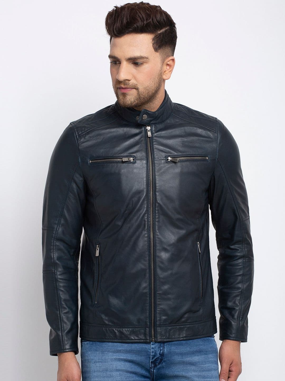 Teakwood Leathers Men Blue Solid Lightweight Leather Jacket - view 1