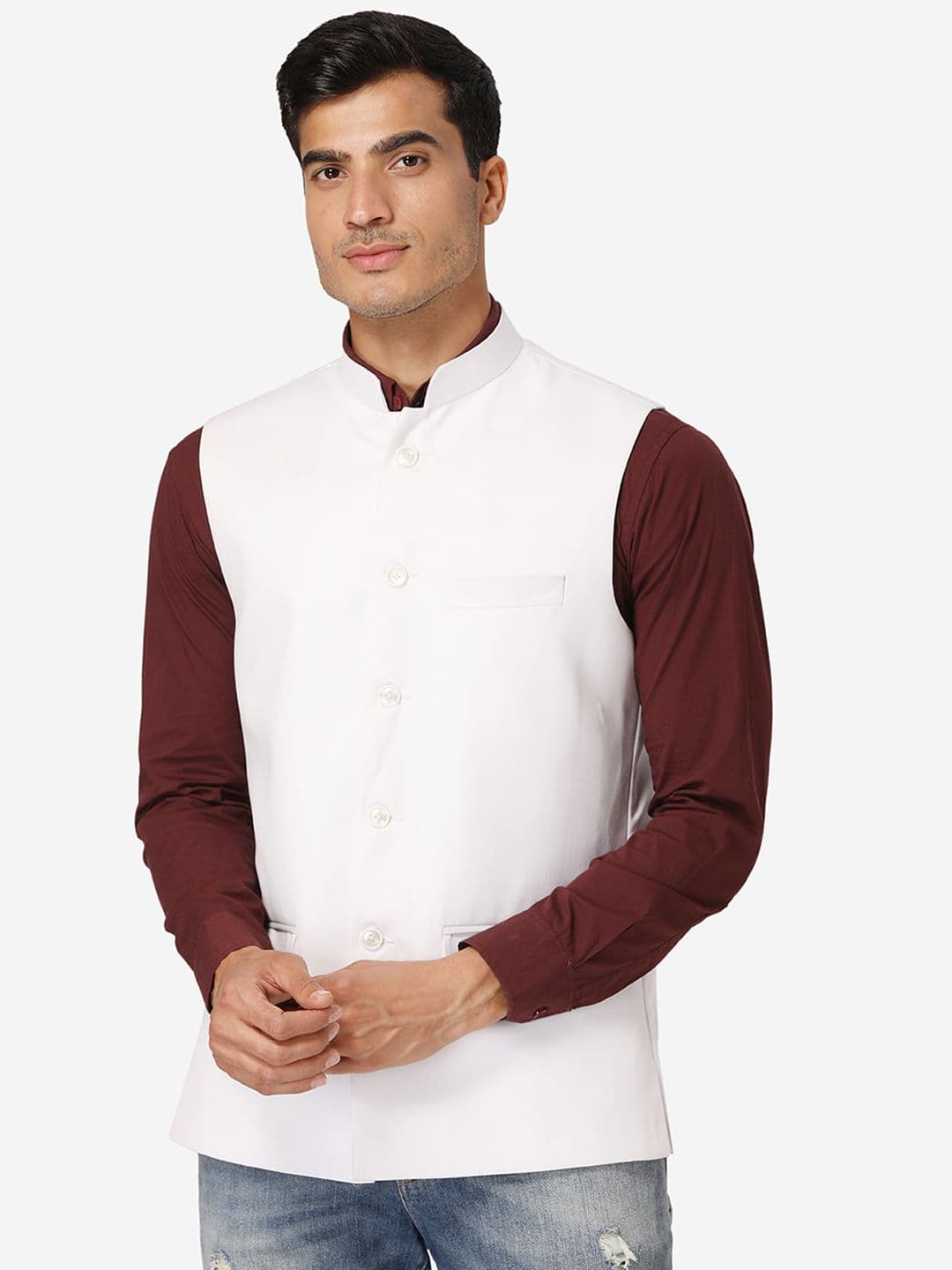 Wintage Men White Solid Satin Nehru Jacket - view 1