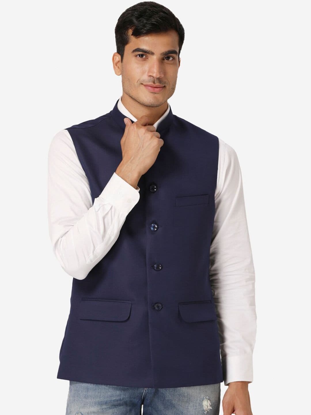 Wintage Men Navy Blue Solid Satin Nehru Jacket - view 1