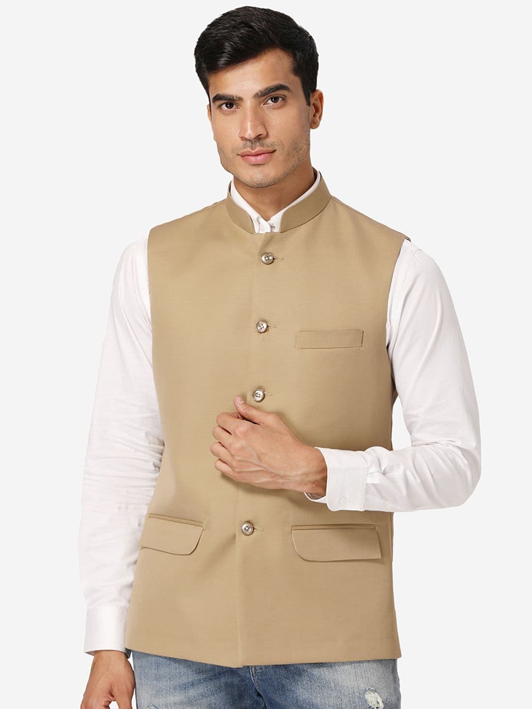 Wintage Men Beige Solid Nehru Jacket - view 1