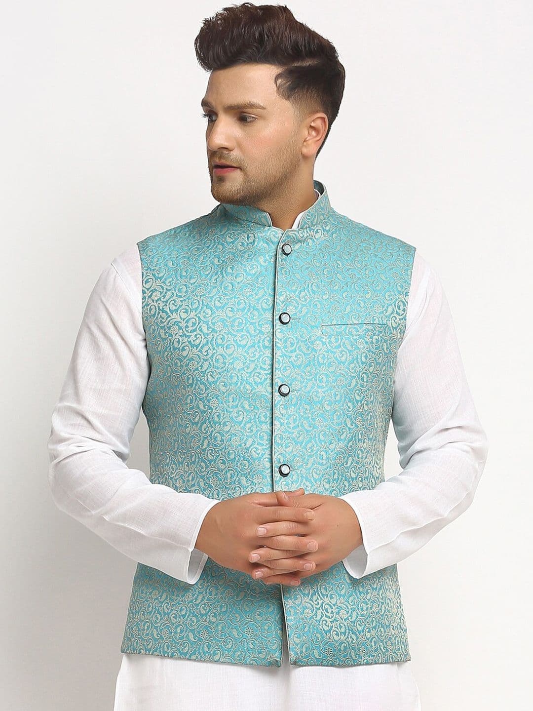 TREEMODA Men Turquoise Blue Embellished Woven Nehru Jacket - view 1