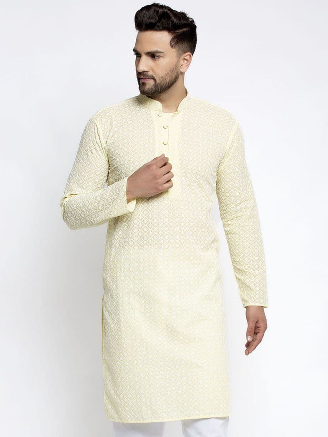 Jompers Men Yellow Floral Embroidered Thread Work Kurta - view 1
