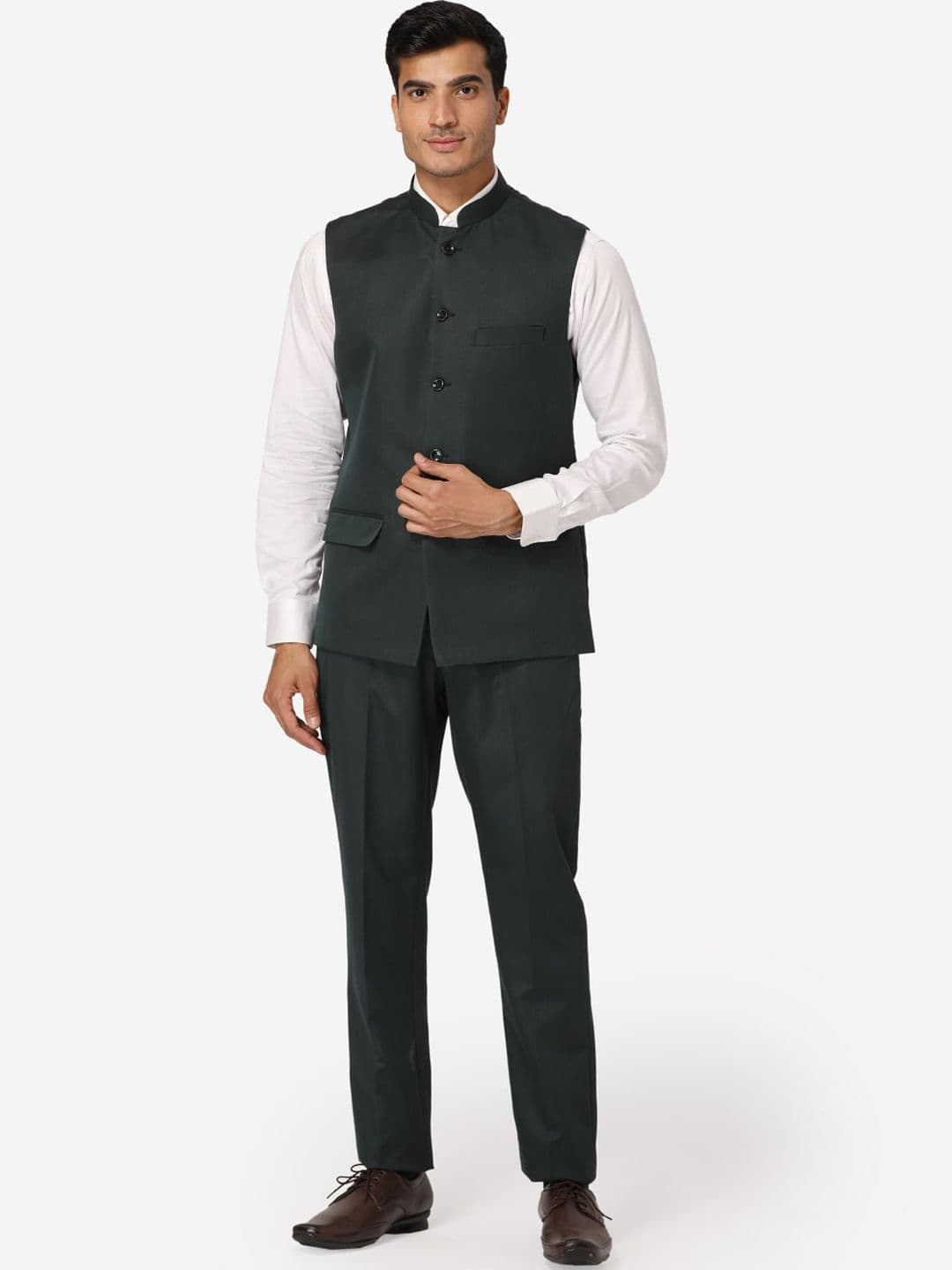 Wintage Men Green Solid Bandhgala Two-Piece Formal Suit - view 1
